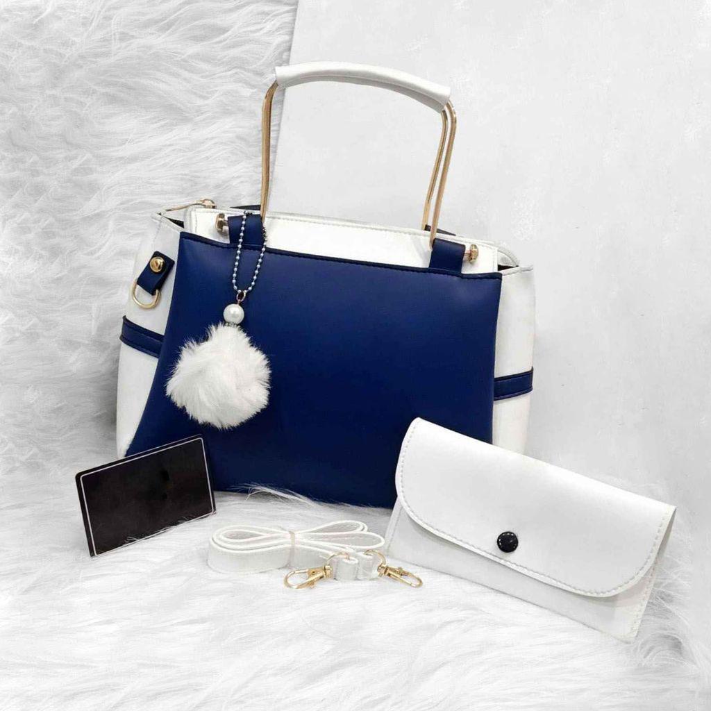 Stylish Women's Blue Rexine Hand Bag Set - 2 Pcs with Printed Design