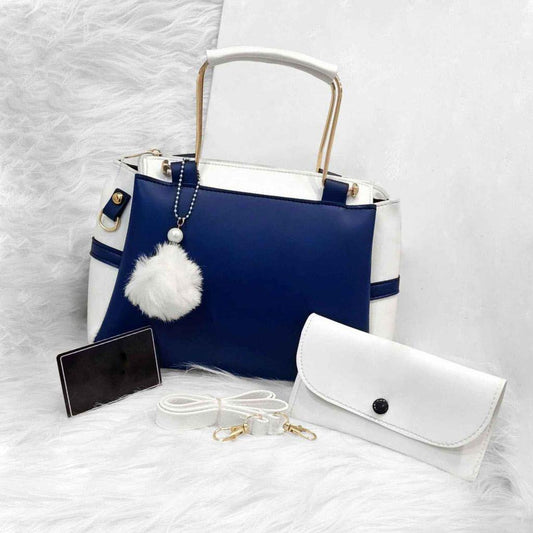 Stylish Women's Blue Rexine Hand Bag Set - 2 Pcs with Printed Design