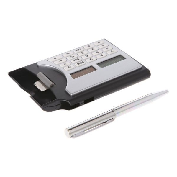 3-In-1 Portable 8-Digit Solar Calculator Business Card Holder with Ball-Point Pen