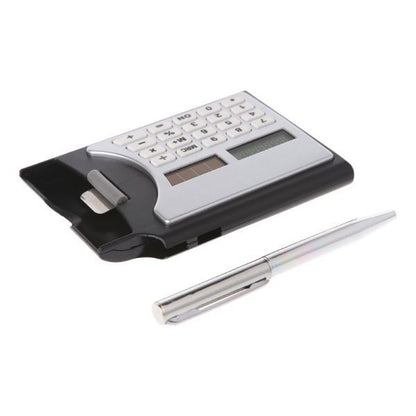3-In-1 Portable 8-Digit Solar Calculator Business Card Holder with Ball-Point Pen